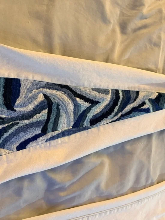 DRIFTWOOD White Jacket and bell bottom jeans with a beautiful blue crochet. - Picture 6 of 9